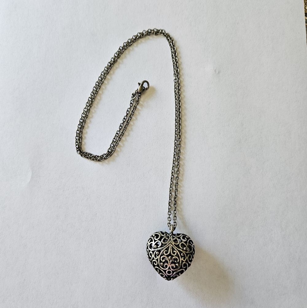 Heart Necklace Puffed 3D Open Work Filigree Silver Tone Long Vintage Jewelry